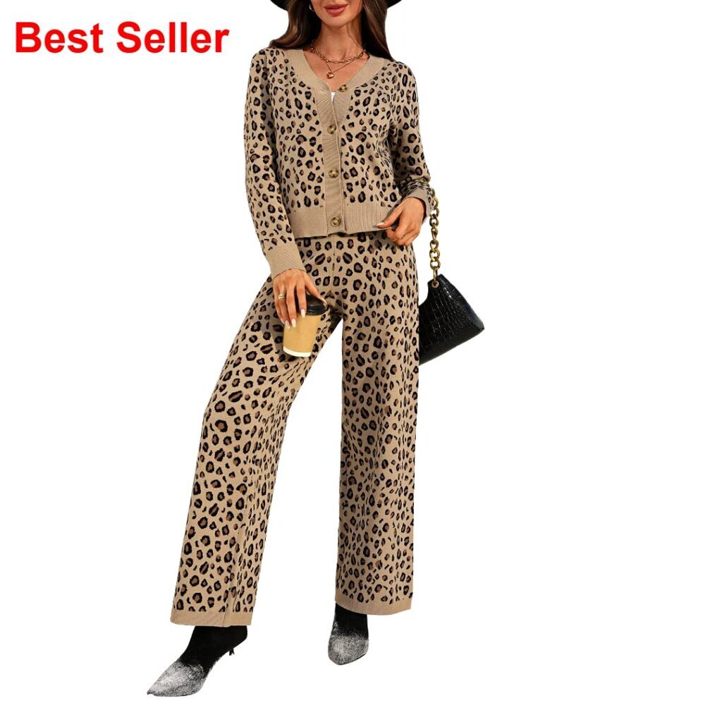 Leopard Print Cardigan Set 2-Piece Knit Loungewear Button Down Casual Outfit